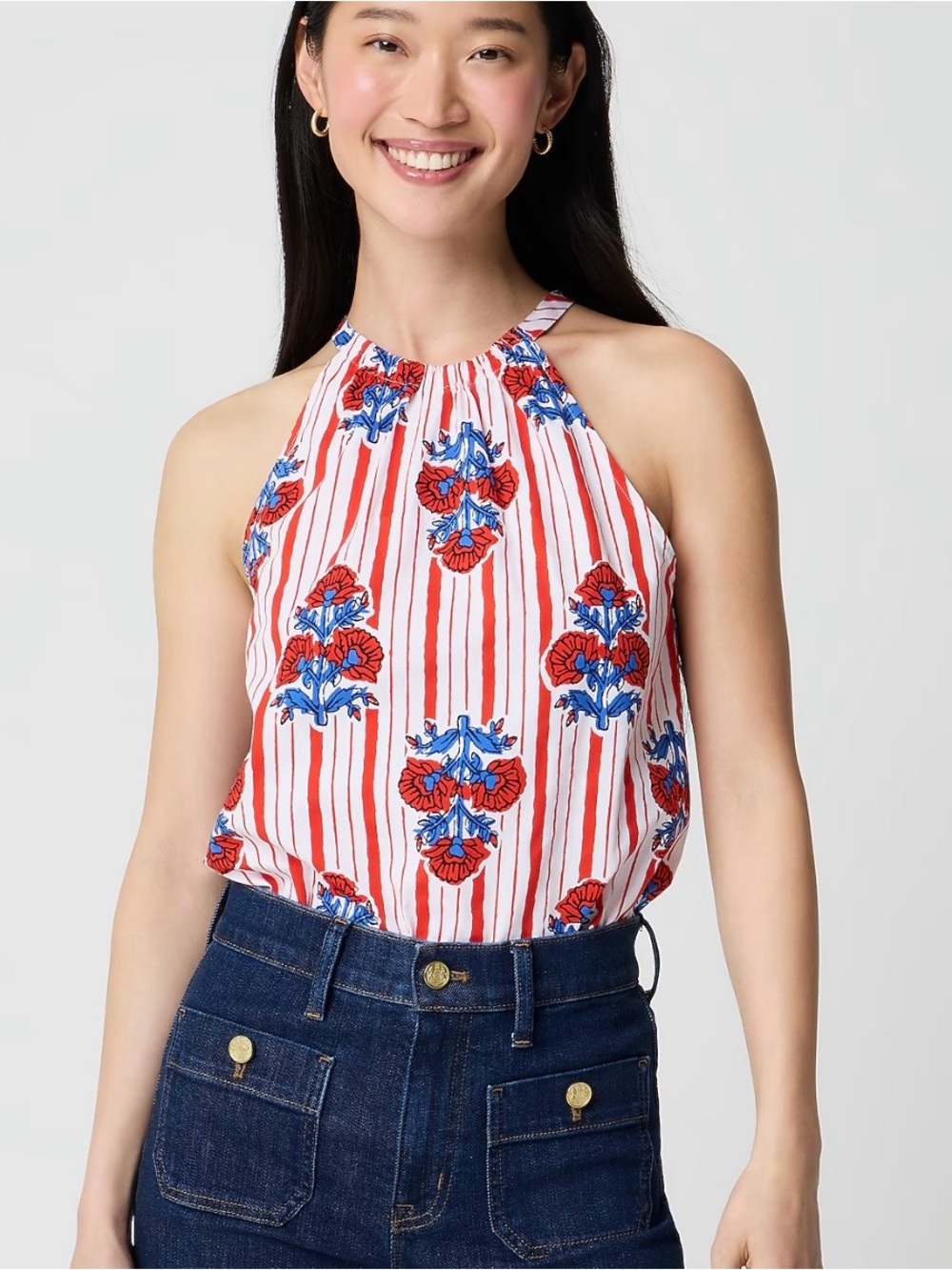 J. Crew Red, Blue & White Striped Floral Halter Tank